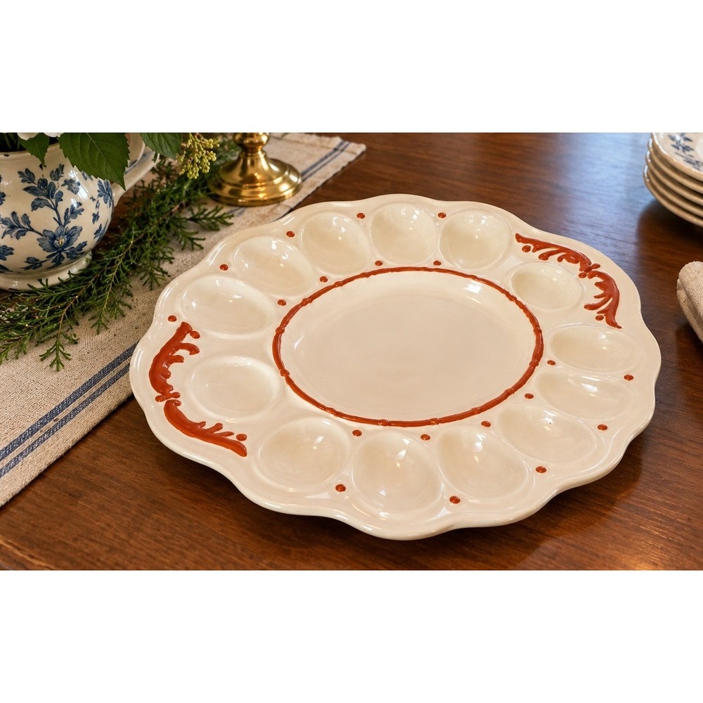 VTG 1981 Signed Ceramic Deviled Egg Platter 12 Slot Scalloped Edge cottagecore